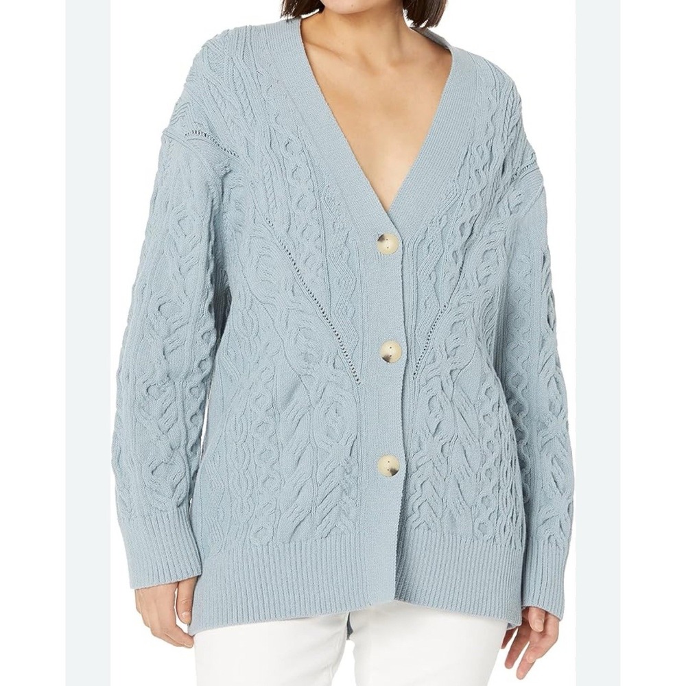 Vince Aran Cable Knit Womens Cardigan Sweater Size M Buttons‎ Blue Long Sleeves